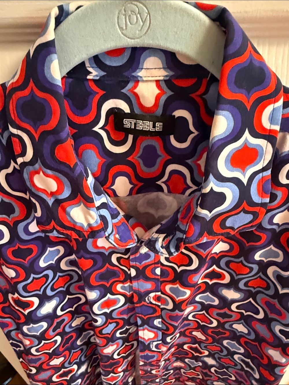 Men's Red & Blue Geo Print Short Sleeve Shirt by STEELE - Picture 2 of 3
